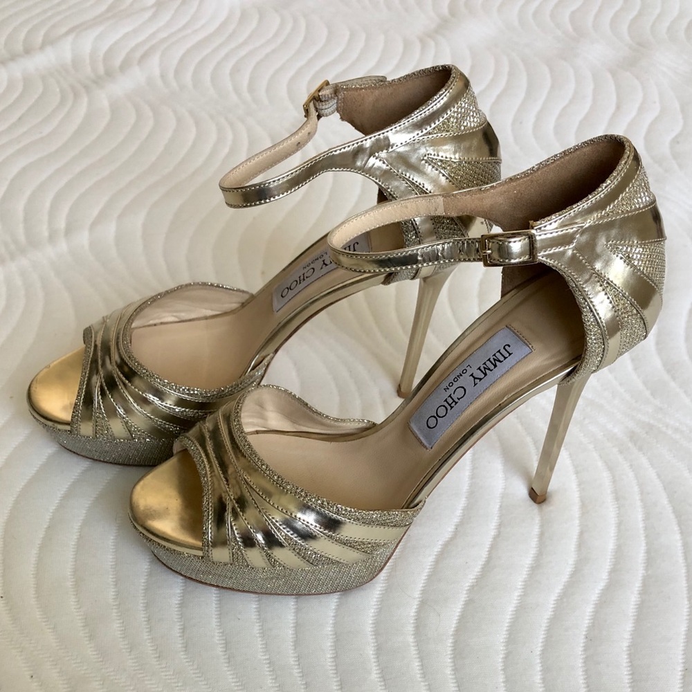 Jimmy Choo Gold Metallic Leather Platform Sandal Heels - Picture 4 of 9